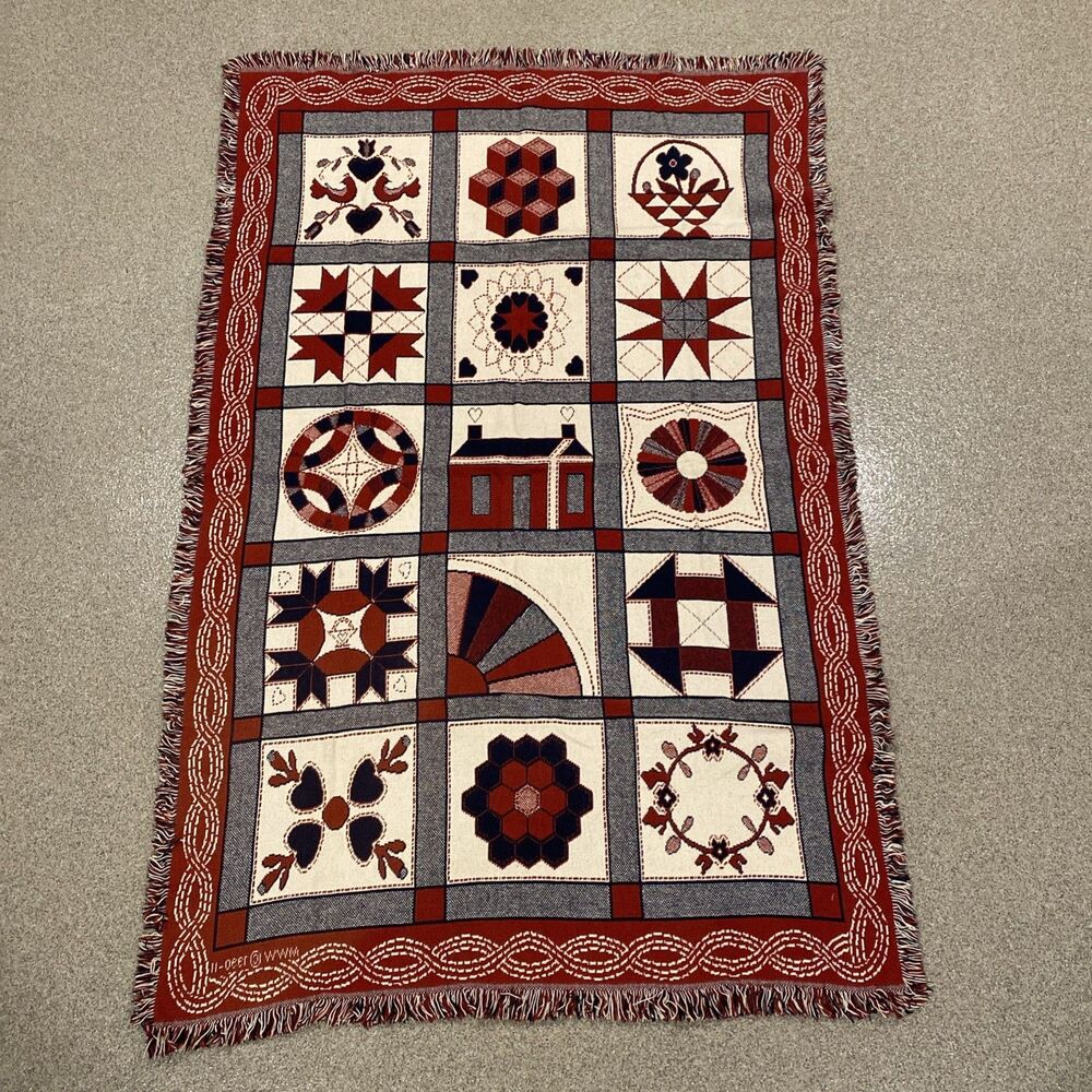 Vintage 1990 Americana Quilt Pattern Woven Tapestry Throw Blanket 45x70 Cottage